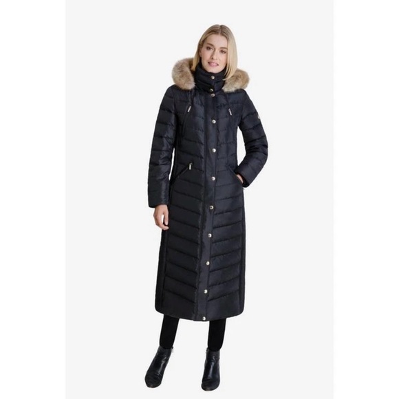 Michael Kors Black Faux Fur Trim Maxi Quilted Puffer Down Jacket Cozy Luxury - Picture 1 of 12